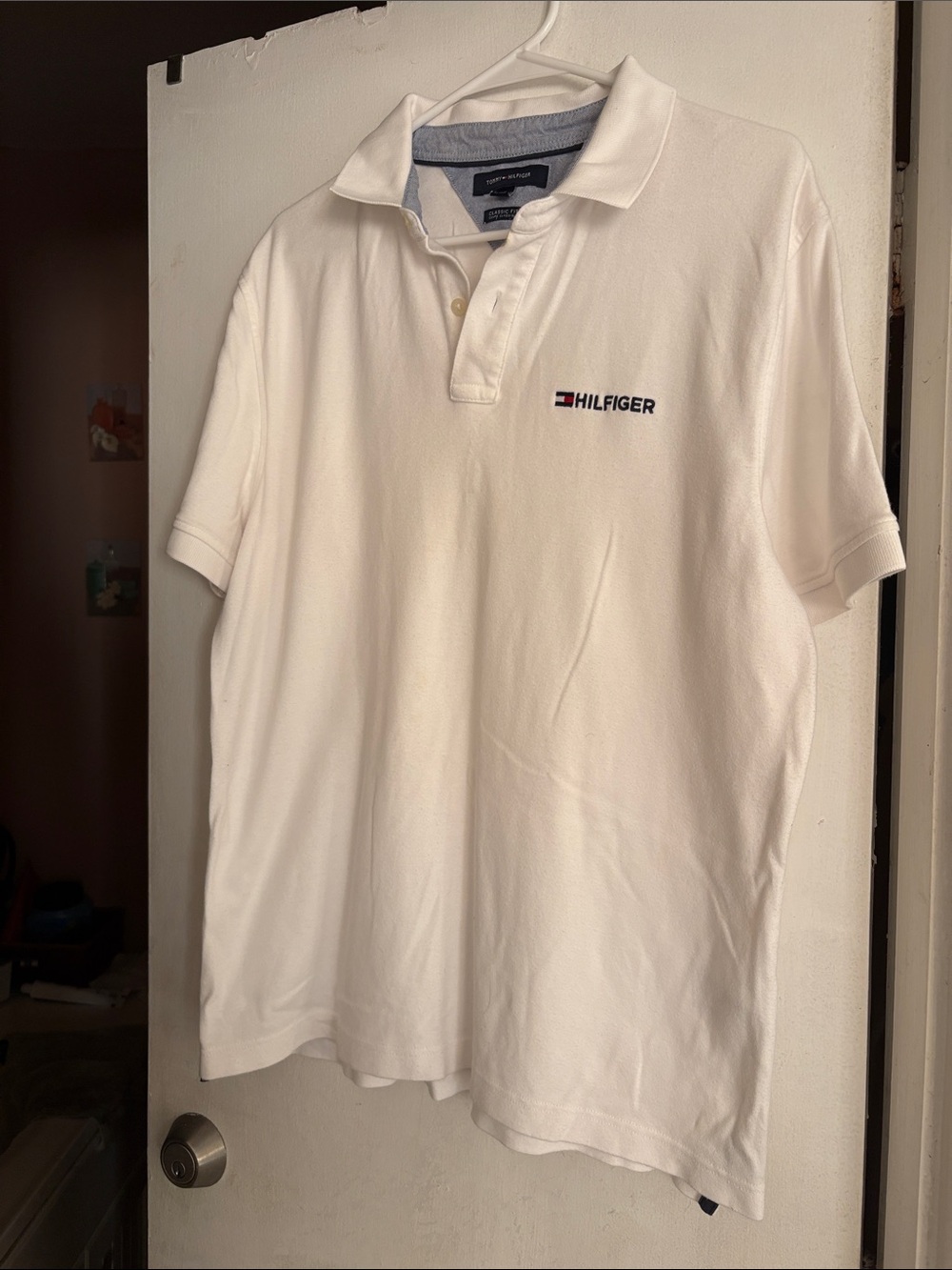 Tommy Hilfiger White Polo with Signature Logo, size large.